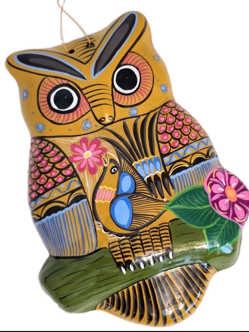 Talavera Owl Sculpture Wall Hanging Pottery Mexico Colorful Bird 10.5 In Folkart